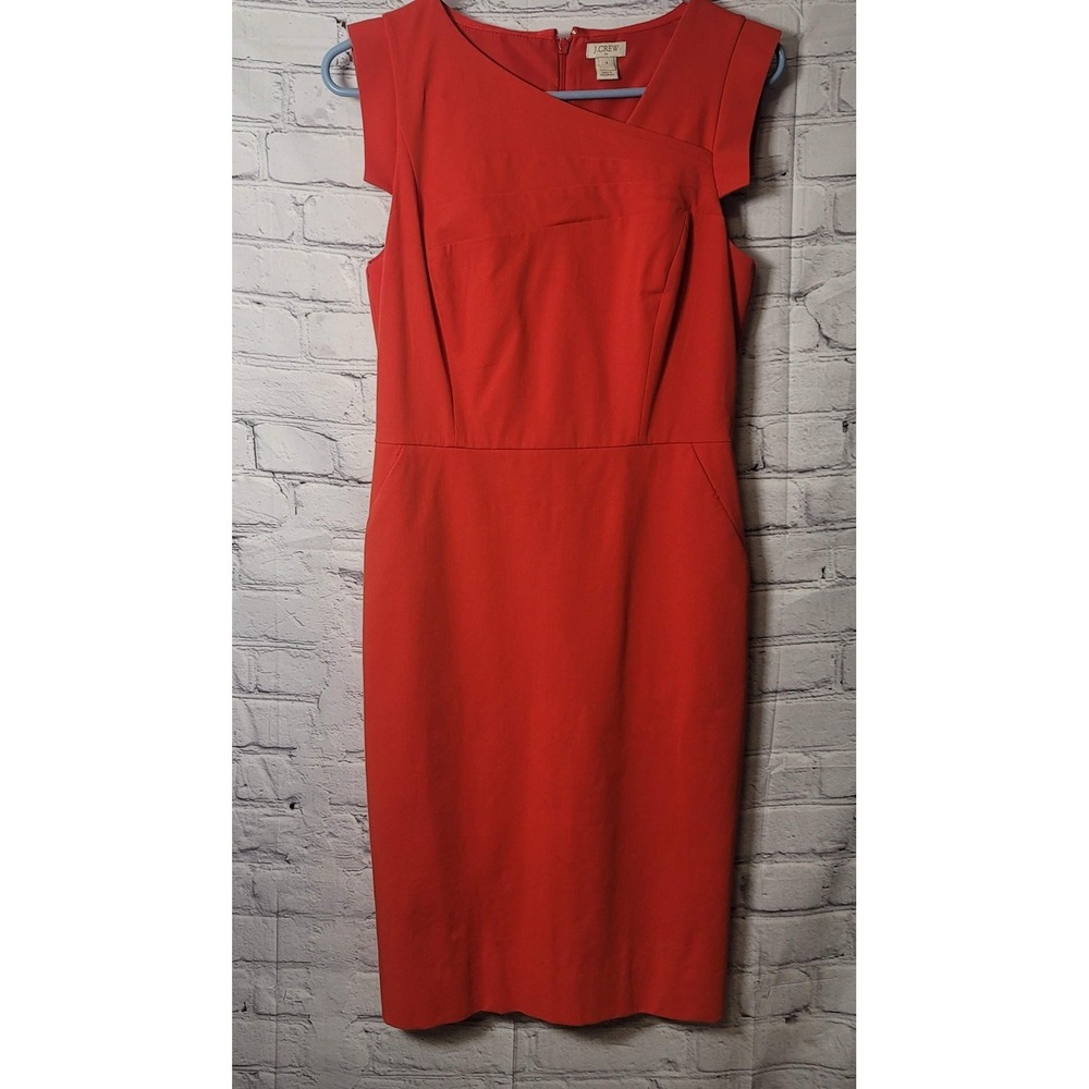J Crew Dress Womens 4 Red Sleeveless Asymmetrical Neck Sheath Stretch Knee Work